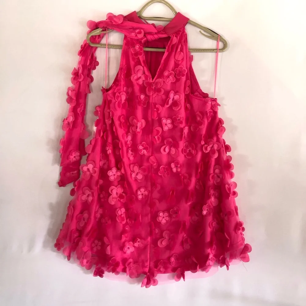 TCEC Pink 3D Floral Mini Halter Dress With Back Bow Tie Size M Valentine Party